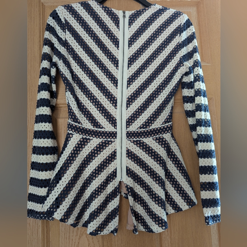 BCBGMaxAzria Blue and Cream Blouse with Chevron Design